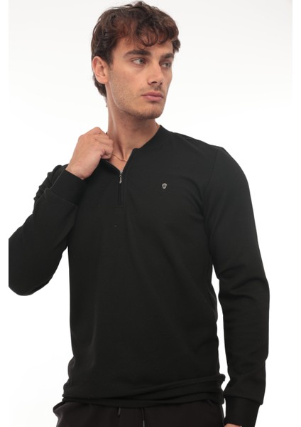 Yarım Fermuarlı Kolej Yaka Sweatshirt Regular Fit-Siyah- 2317