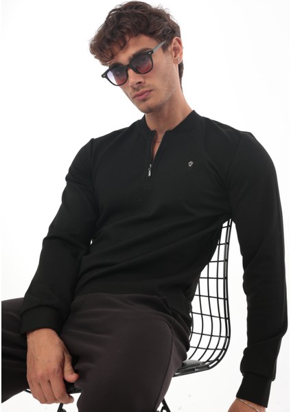 Yarım Fermuarlı Kolej Yaka Sweatshirt Regular Fit-Siyah- 2317
