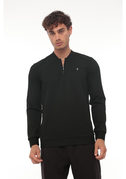 Yarım Fermuarlı Kolej Yaka Sweatshirt Regular Fit-Siyah- 2317