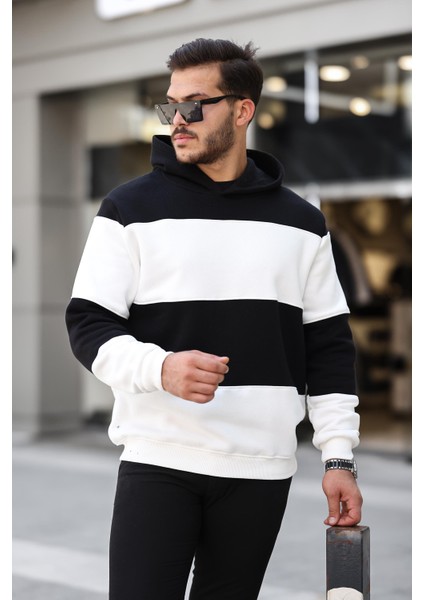 Siyah Beyaz Blok Parçalı Overisize Kapşonlu Üç Iplik Sweatshirt- 2316