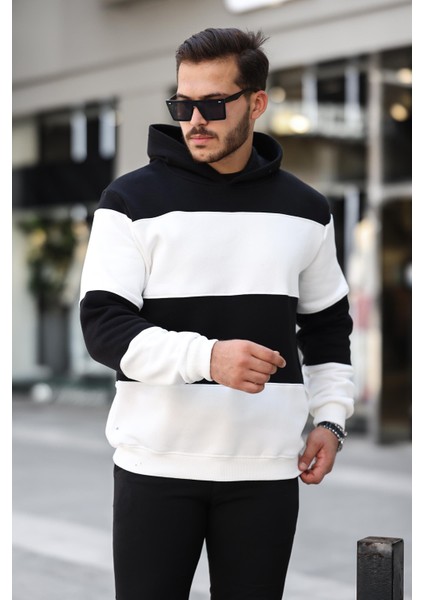 Siyah Beyaz Blok Parçalı Overisize Kapşonlu Üç Iplik Sweatshirt- 2316