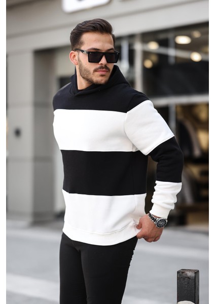 Siyah Beyaz Blok Parçalı Overisize Kapşonlu Üç Iplik Sweatshirt- 2316
