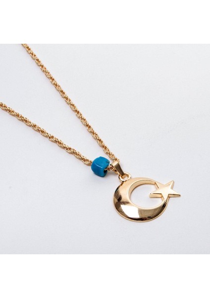 Ay Yıldız Mavi Boncuk Detaylı Gold Altın Kaplama Kolye