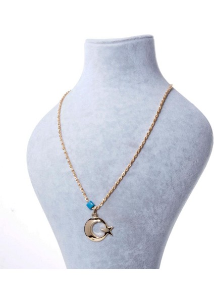 Ay Yıldız Mavi Boncuk Detaylı Gold Altın Kaplama Kolye fiyatları