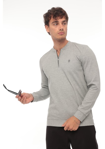 Yarım Fermuarlı Kolej Yaka Sweatshirt Regular Fit-Gri- 2317