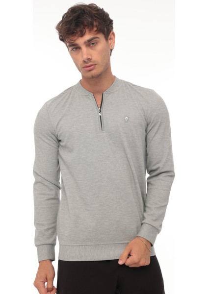 Yarım Fermuarlı Kolej Yaka Sweatshirt Regular Fit-Gri- 2317