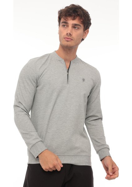 Yarım Fermuarlı Kolej Yaka Sweatshirt Regular Fit-Gri- 2317