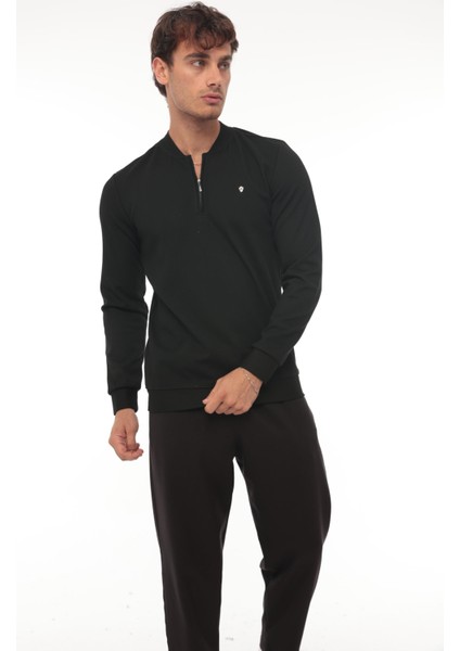 Yarım Fermuarlı Kolej Yaka Sweatshirt Regular Fit-Siyah- 2317