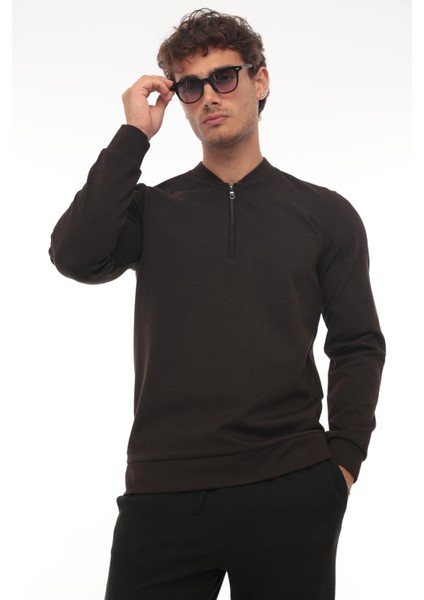 Yarım Fermuarlı Kolej Yaka Sweatshirt Regular Fit-Koyu Kahverengi- 2317