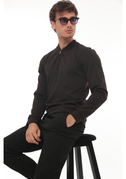 Yarım Fermuarlı Kolej Yaka Sweatshirt Regular Fit-Koyu Kahverengi- 2317