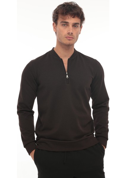 Yarım Fermuarlı Kolej Yaka Sweatshirt Regular Fit-Koyu Kahverengi- 2317