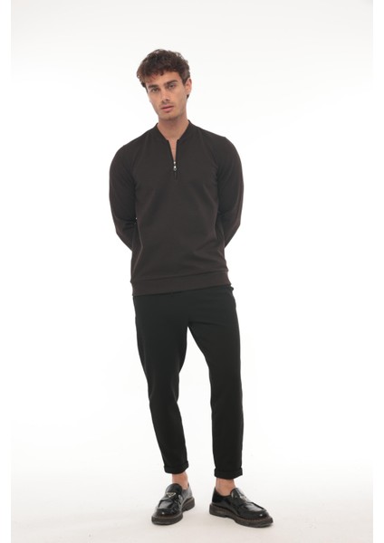 Yarım Fermuarlı Kolej Yaka Sweatshirt Regular Fit-Koyu Kahverengi- 2317