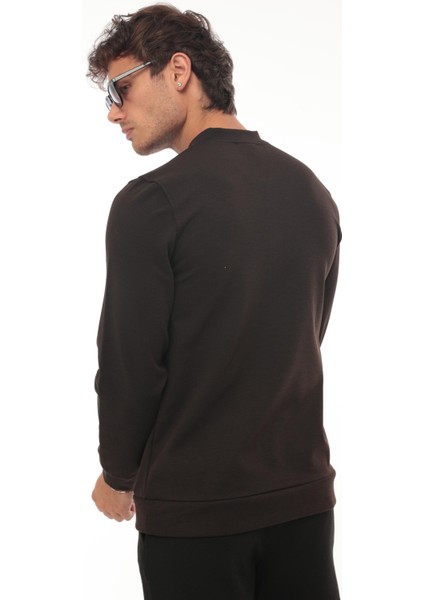 Yarım Fermuarlı Kolej Yaka Sweatshirt Regular Fit-Koyu Kahverengi- 2317