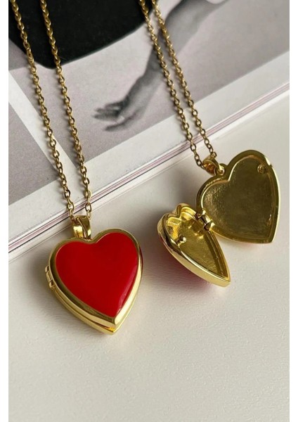 Paslanmaz Çelik Kalp Resim Koyulabilen Gold Üzeri Kırmızı Şık Kadın Kolye