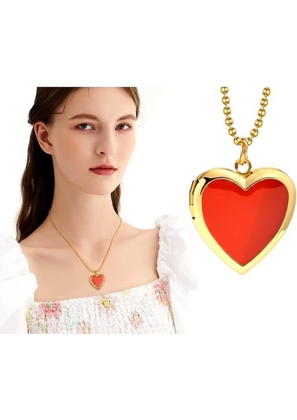 Paslanmaz Çelik Kalp Resim Koyulabilen Gold Üzeri Kırmızı Şık Kadın Kolye modelleri