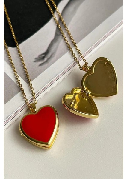 Paslanmaz Çelik Kalp Resim Koyulabilen Gold Üzeri Kırmızı Şık Kadın Kolye fırsatları