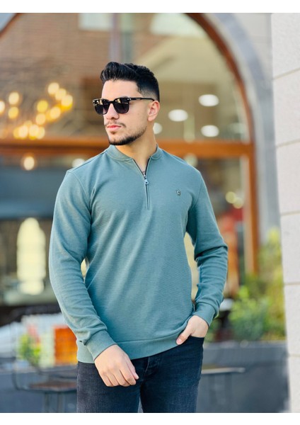 Yarım Fermuarlı Kolej Yaka Sweatshirt Regular Fit-Haki- 2317