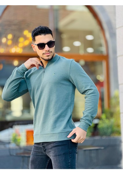 Yarım Fermuarlı Kolej Yaka Sweatshirt Regular Fit-Haki- 2317