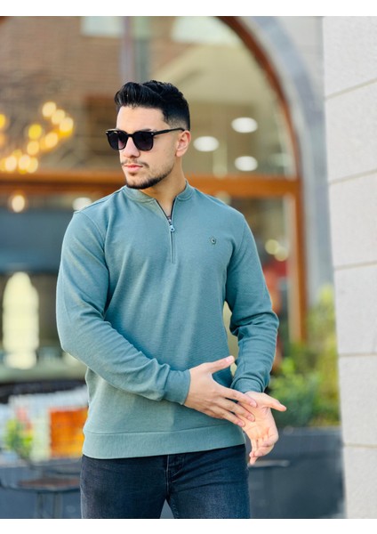 Yarım Fermuarlı Kolej Yaka Sweatshirt Regular Fit-Haki- 2317