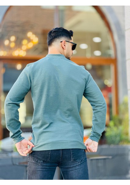 Yarım Fermuarlı Kolej Yaka Sweatshirt Regular Fit-Haki- 2317