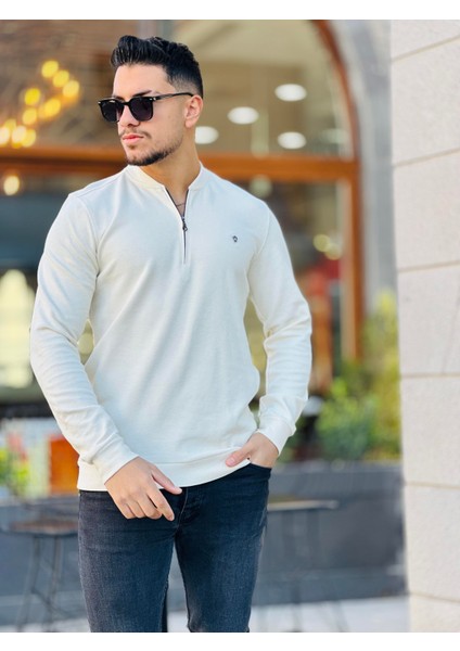 Yarım Fermuarlı Kolej Yaka Sweatshirt Regular Fit-Ekru- 2317