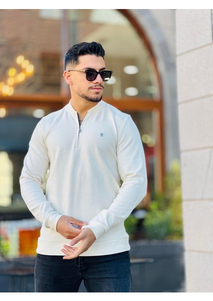 Yarım Fermuarlı Kolej Yaka Sweatshirt Regular Fit-Ekru- 2317