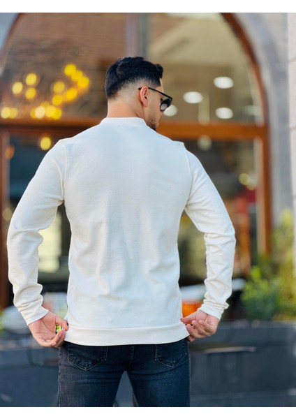 Yarım Fermuarlı Kolej Yaka Sweatshirt Regular Fit-Ekru- 2317
