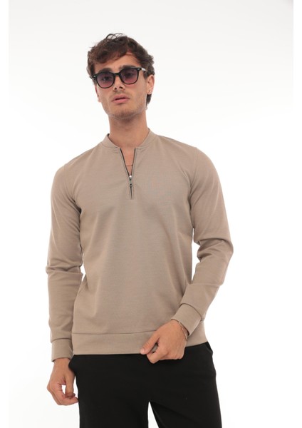 Yarım Fermuarlı Kolej Yaka Sweatshirt Regular Fit-Bej- 2317