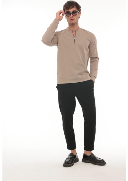 Yarım Fermuarlı Kolej Yaka Sweatshirt Regular Fit-Bej- 2317
