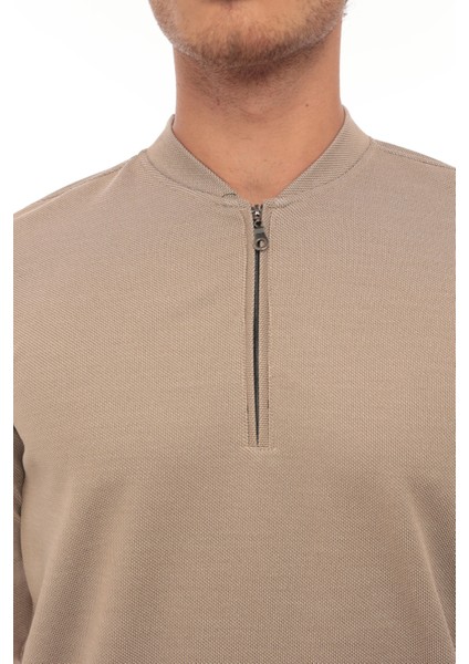 Yarım Fermuarlı Kolej Yaka Sweatshirt Regular Fit-Bej- 2317