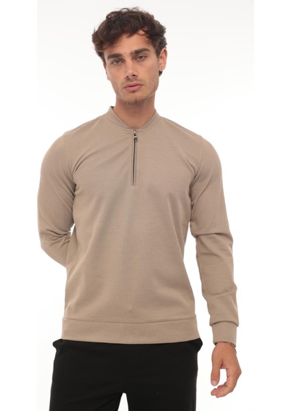 Yarım Fermuarlı Kolej Yaka Sweatshirt Regular Fit-Bej- 2317
