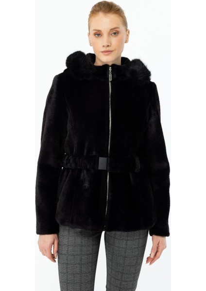 Ekol Beli Kemerli Kapüşonlu Peluş Kaban Siyah fiyatları