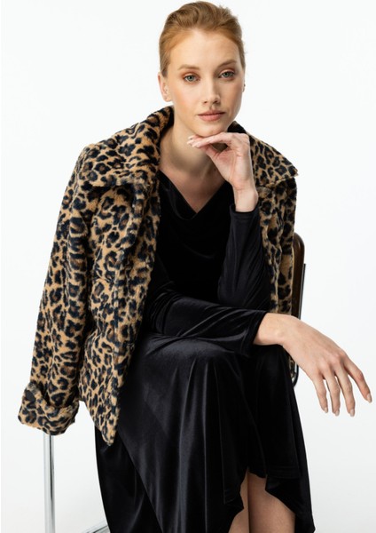 Leopar Desenli Peluş Mont Camel fiyatları