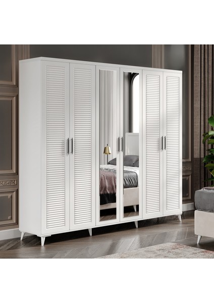 Ücretsiz Montaj - % 100 MDF Paris 6 Kapaklı Aynalı Beyaz Gardırop - MDF Dolap - Elbise Dolabı