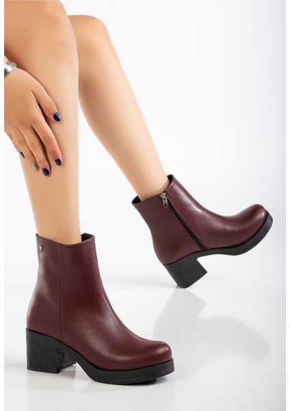 5109-3022 Bordo Fermuarlı Kalın Topuklu Günlük Kadın Bot indirimleri