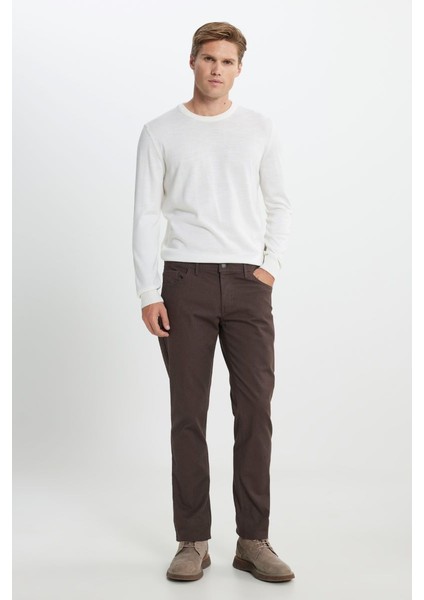 Slim Fit Dar Kesim Pamuklu Esnek Armürlü 5 Cep Kahverengi Pantolon
