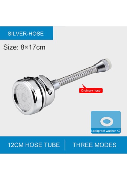 Gümüş 12CM Hortum Stili Mutfak Bataryası Uzatılmış Yüksek Basınçlı Musluk Aerator Su Tasarrufu Musluğu Başlığı Adaptörü (Yurt Dışından)