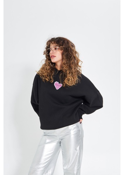 Siyah Bisiklet Yaka Kadın No Fear Ön ve Baskılı Oversize Sweatshirt