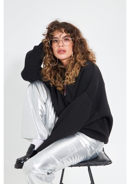 Siyah Bisiklet Yaka Kadın No Fear Ön ve Baskılı Oversize Sweatshirt