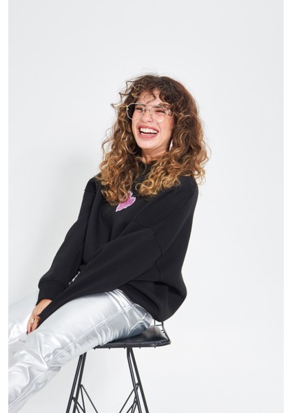 Siyah Bisiklet Yaka Kadın No Fear Ön ve Baskılı Oversize Sweatshirt
