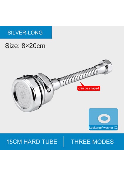 Gümüş 15CM Sert Stil Banyo Aksesuarları Duş Püskürtücü Için 3 Mod 360° Dönebilen Musluk Uzatıcı Mutfak Musluk Su Tasarrufu Nozül Filtre Adaptörü (Yurt Dışından)