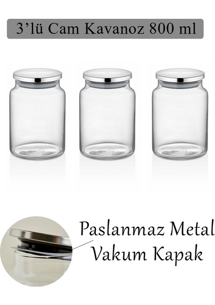 3 Adet 800 ml Çay, Kahve ve Şeker Cam Kavanoz Seti - Vakumlu Metal Kapaklı Siyah Etiketli