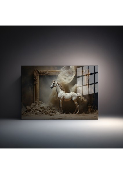 Premium^# Glass Art- Vintage-Retro-Popart Tablo Serisi Toz Içinde Beyaz Kısrak-03 fiyatları