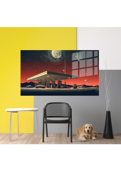 Premium^# Glass Art- Vintage-Retro-Popart Tablo Serisi Cam Tablo-Route 66 Patrol- 70 modelleri