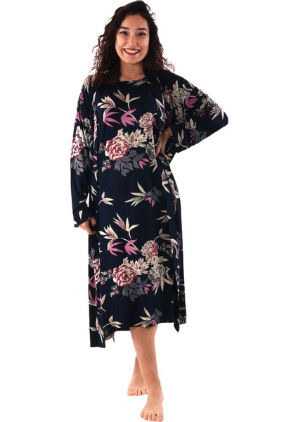 Kadın Lacivert Çiçek Desenli Elbiseli Sabahlık Takım