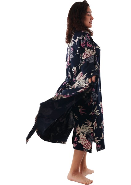 Kadın Lacivert Çiçek Desenli Elbiseli Sabahlık Takım modelleri