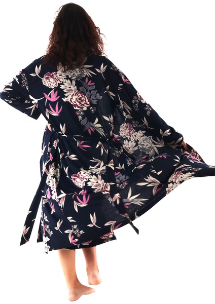 Kadın Lacivert Çiçek Desenli Elbiseli Sabahlık Takım fırsatları