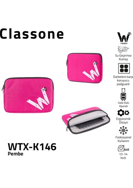 WTX-K146 13, 14 inch WTXpro Serisi Su Geçirmez Kumaş, Macbook,Mac Air,Laptop Kılıfı - Pembe