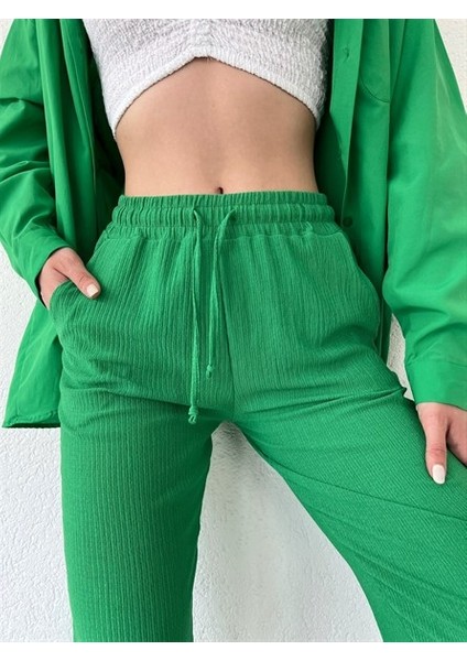 Beli Lastikli Paça Pensli Pantolon Yeşil