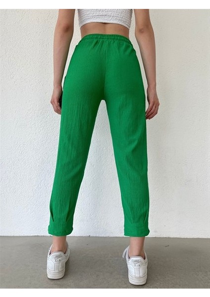 Beli Lastikli Paça Pensli Pantolon Yeşil